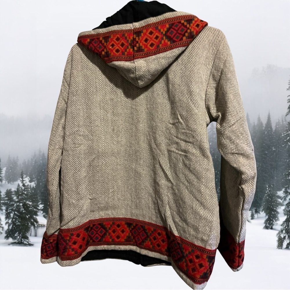 Rhea Red and Gray Tribal Look Unisex Bomber Jacket Front Zip Hoodie - Picture 3 of 6